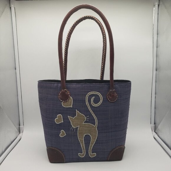 Denim Canvas Straw Cat Hearts Drawstring Purse or Hand Bag - Picture 9 of 9